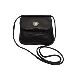 Fossil Black Leather Crossbody Bag Silver Heart Accent